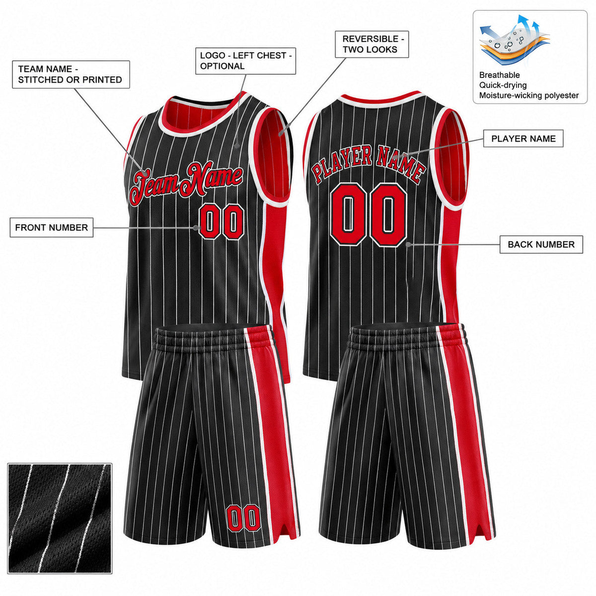 Custom Black and White Side Panels Pinstripe Reversible Basketball Jersey Set with Red Lettering customization guide