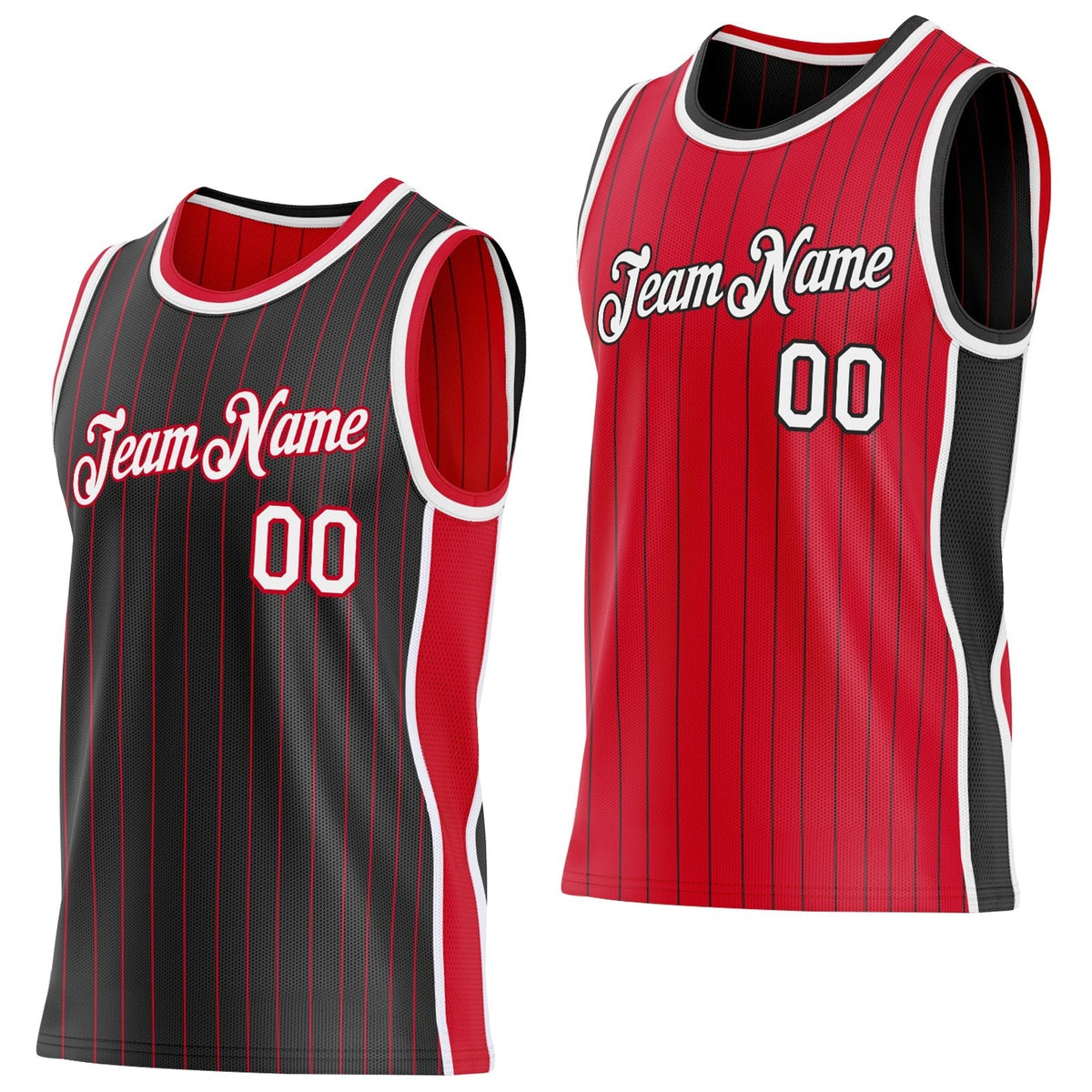 Custom Black Red Pinstripe-White Side Panels Reversible Double Side Sublimation Basketball Set Jersey