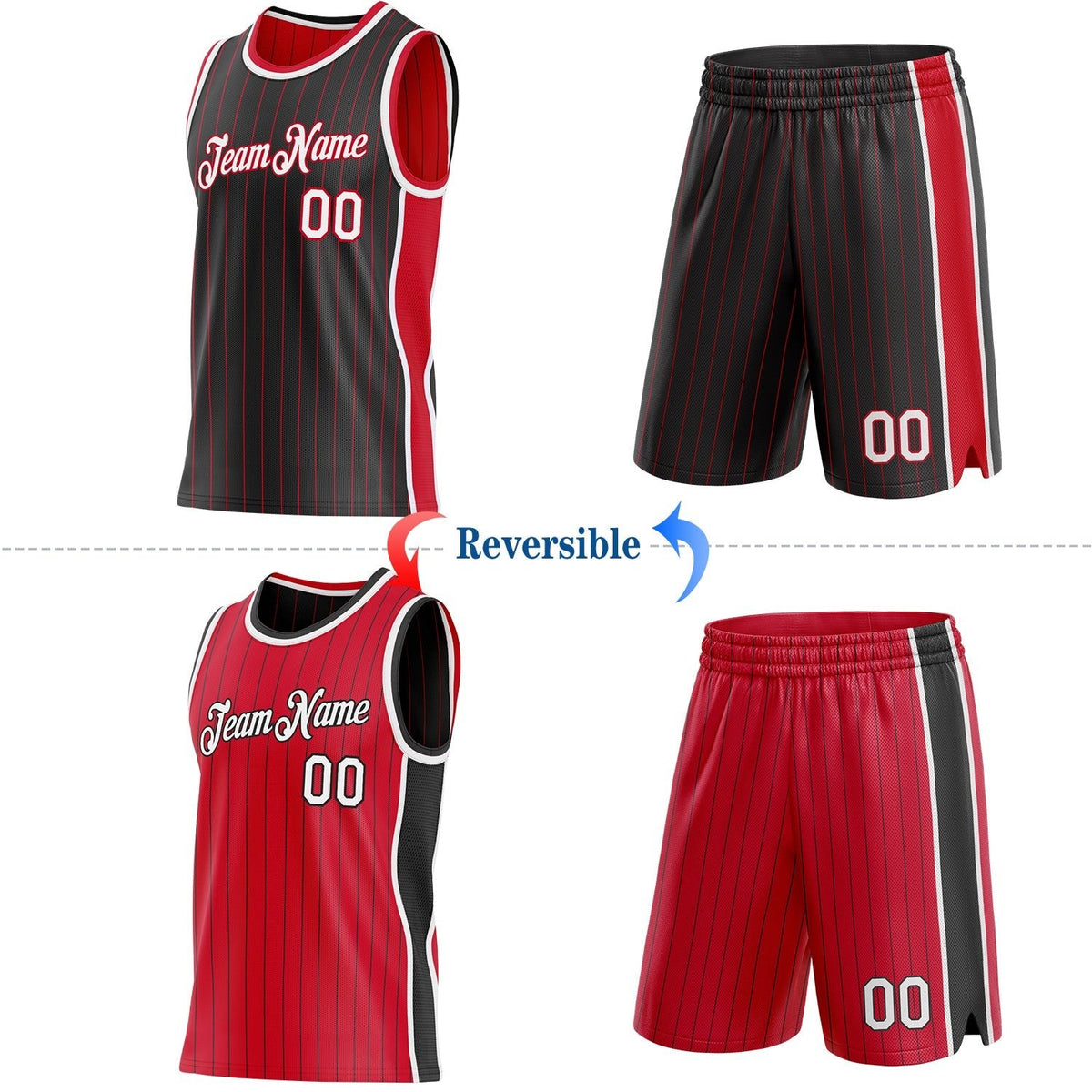 Custom Black Red Pinstripe-White Side Panels Reversible Double Side Sublimation Basketball Set Jersey photo 2