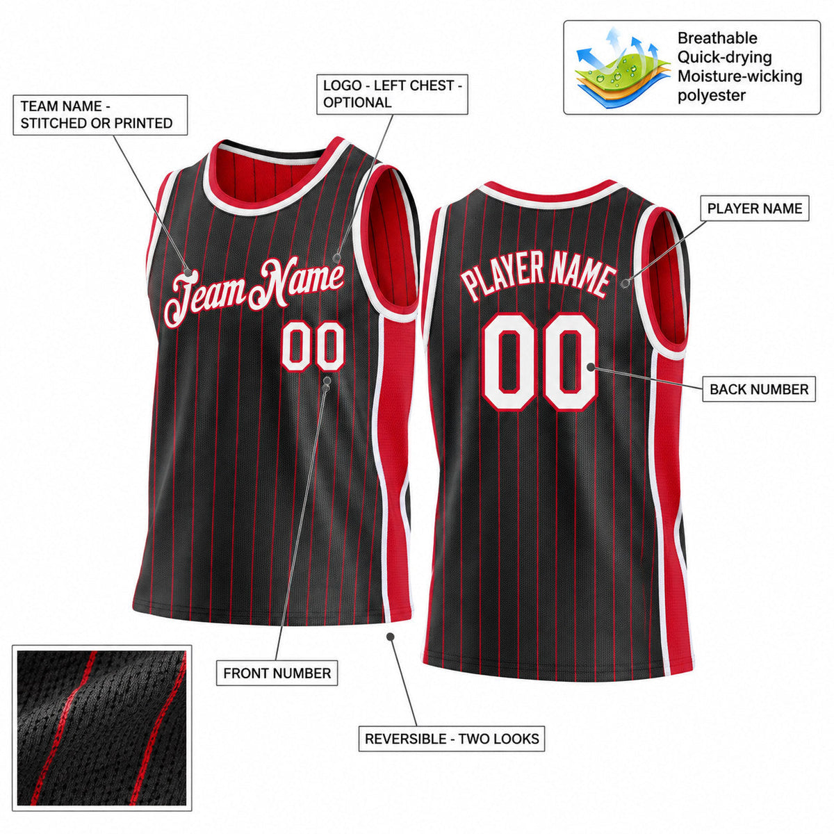 Custom Black and Red Side Panels Pinstripe Reversible Basketball Jersey Set with White Lettering Design 0910 customization guide