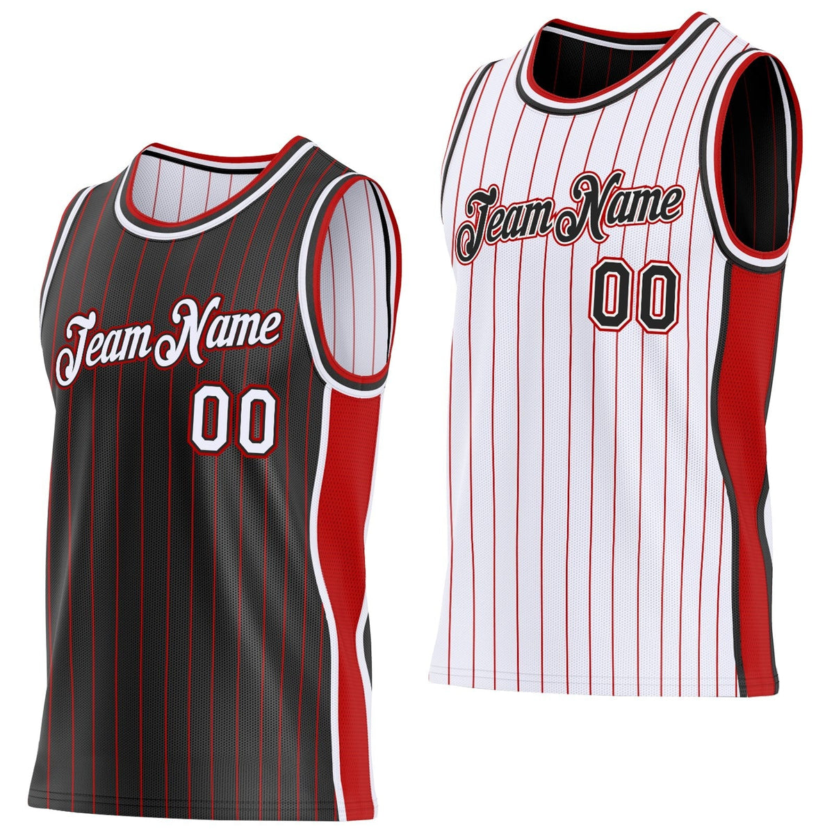 Custom Black Red Pinstripe-White Side Panels Reversible Double Side Sublimation Basketball Set Jersey