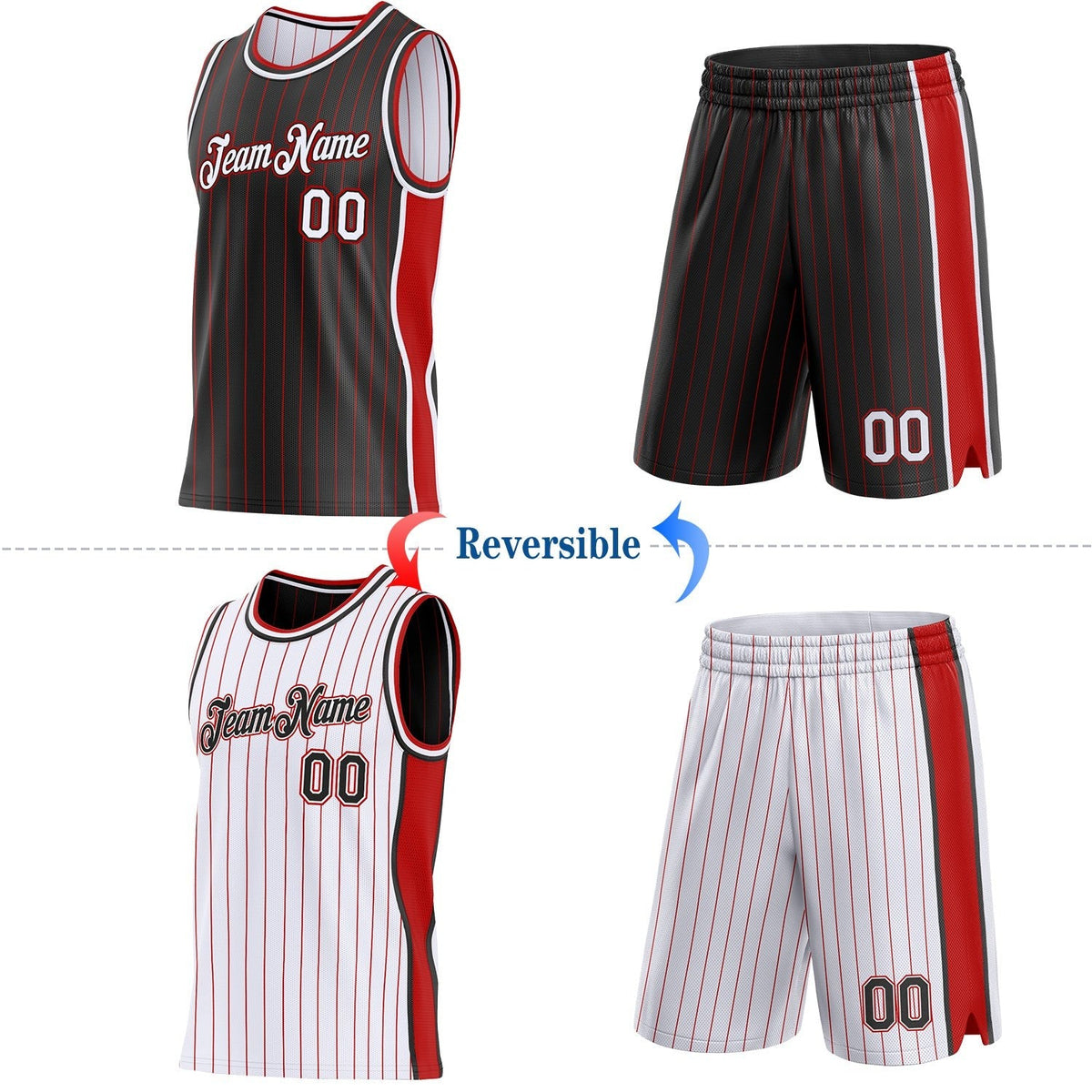 Custom Black Red Pinstripe-White Side Panels Reversible Double Side Sublimation Basketball Set Jersey photo 2