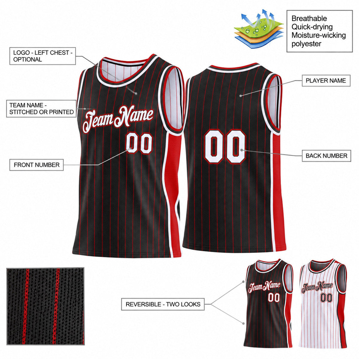 Custom Black and Red Side Panels Pinstripe Reversible Basketball Jersey Set with White Lettering Design 0911 customization guide