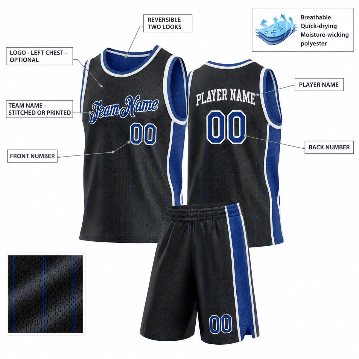 Custom Black and Royal Side Panels Pinstripe Reversible Basketball Jersey Set with White Lettering customization guide