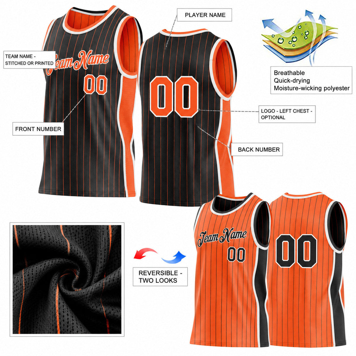 Custom Black and Orange Side Panels Pinstripe Reversible Basketball Jersey Set with White Lettering Design 0913 customization guide
