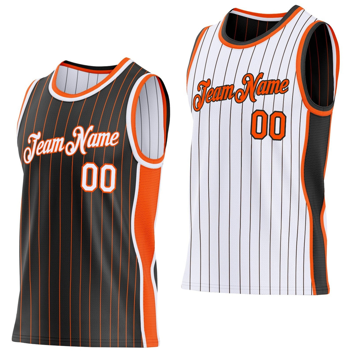 Custom Black Orange Pinstripe-White Side Panels Reversible Double Side Sublimation Basketball Set Jersey