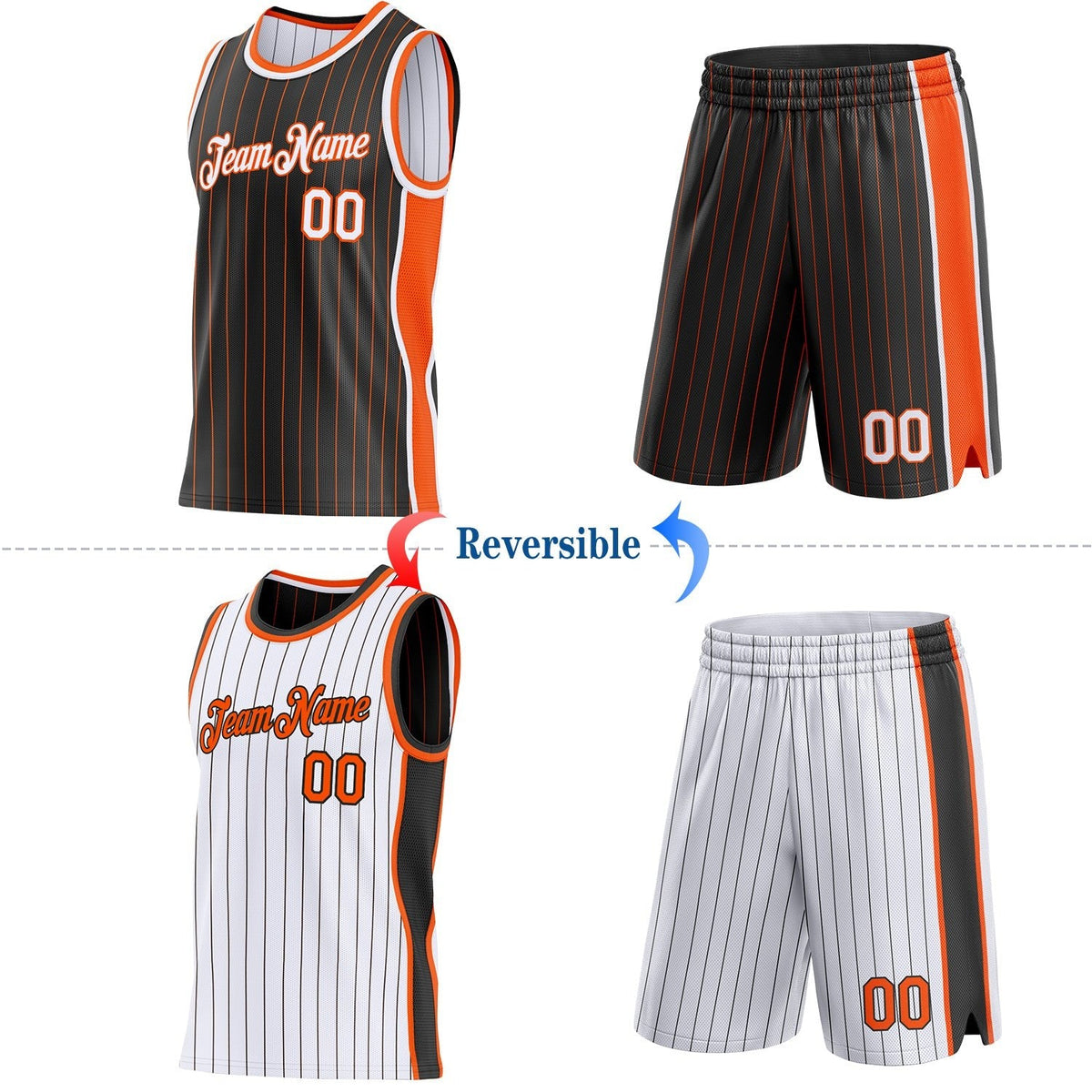 Custom Black Orange Pinstripe-White Side Panels Reversible Double Side Sublimation Basketball Set Jersey photo 2