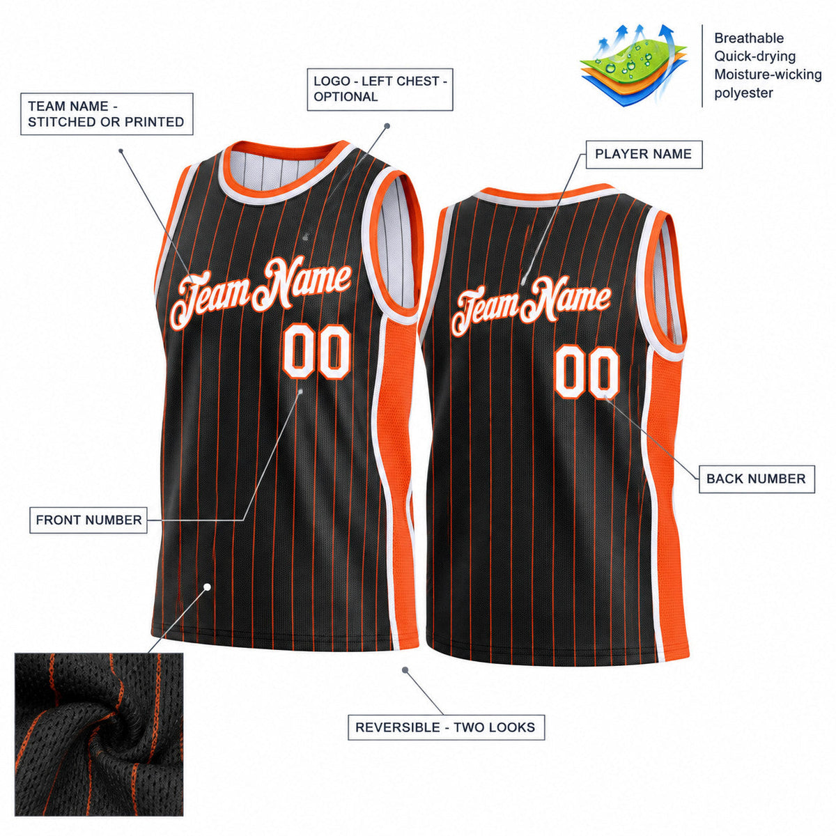 Custom Black and Orange Side Panels Pinstripe Reversible Basketball Jersey Set with White Lettering Design 0914 customization guide