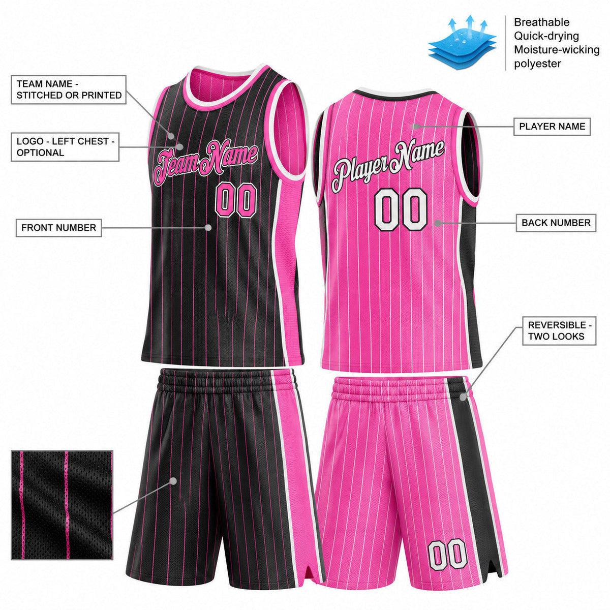 Custom Black and Pink Side Panels Pinstripe Reversible Basketball Jersey Set with White Lettering customization guide