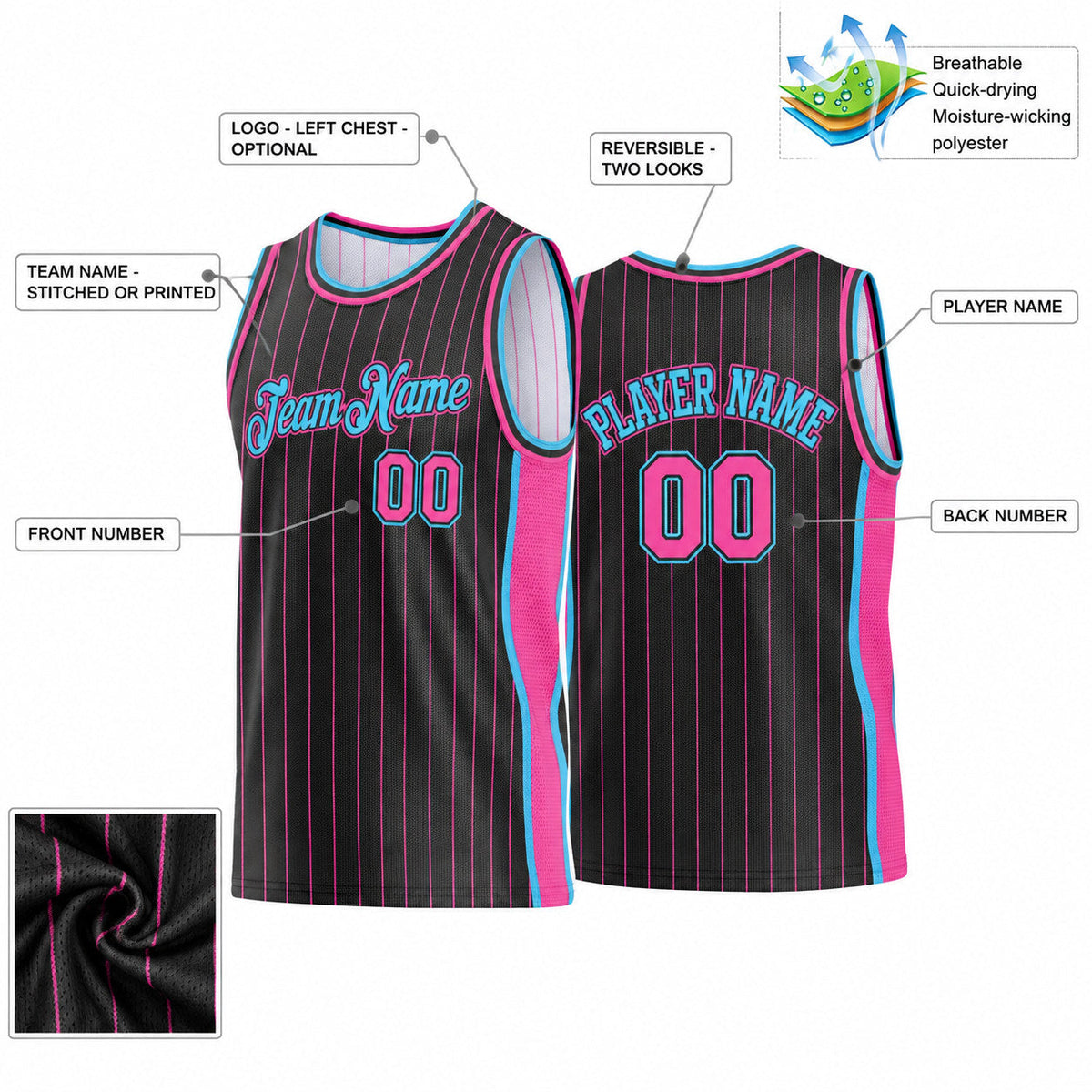 Custom Black and Pink Side Panels Pinstripe Reversible Basketball Jersey Set with Sky Blue Lettering Design 0916 customization guide