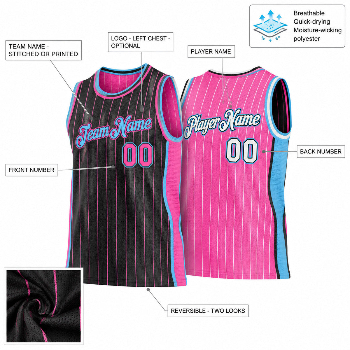 Custom Black and Pink Side Panels Pinstripe Reversible Basketball Jersey Set with Sky Blue Lettering Design 0917 customization guide