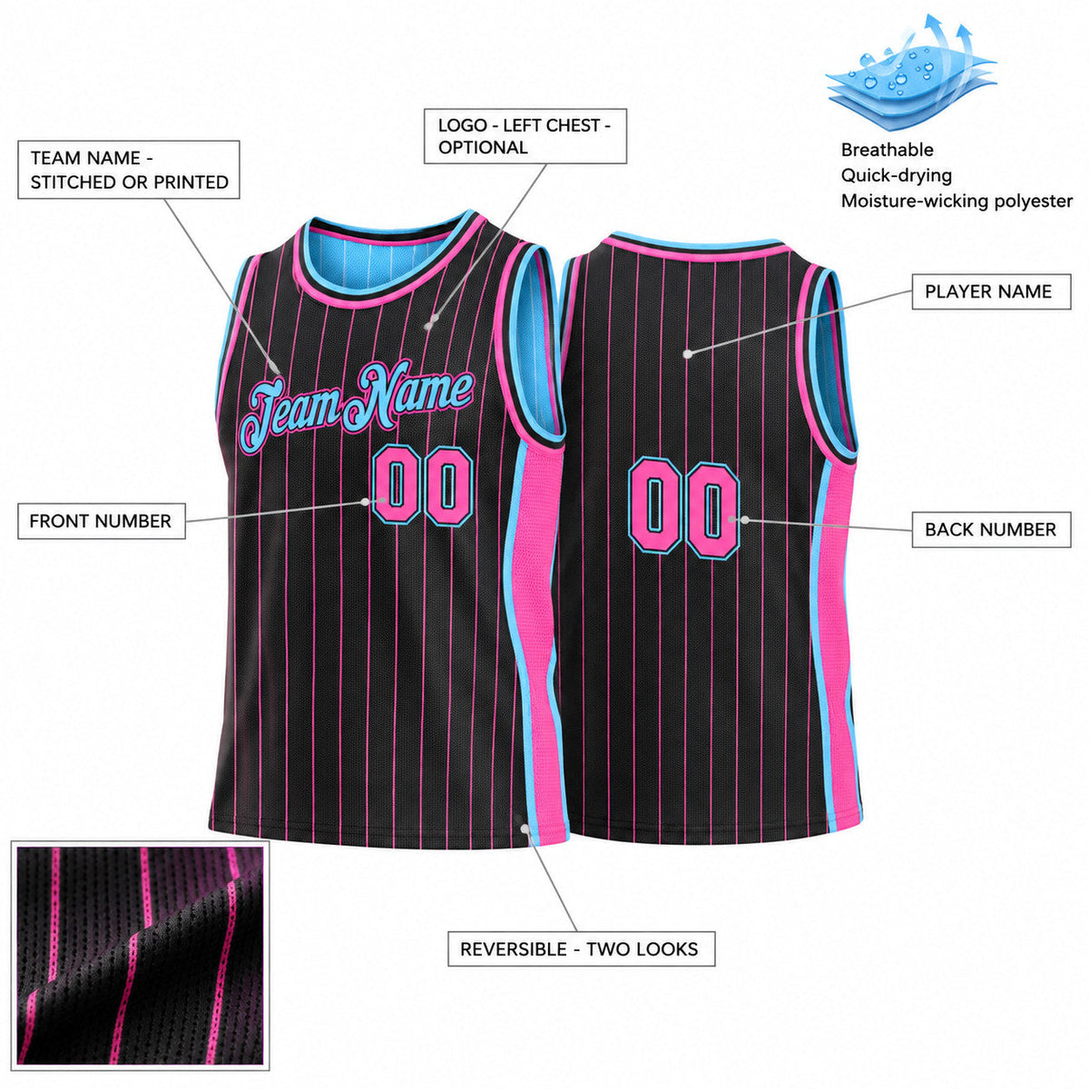 Custom Black and Pink Side Panels Pinstripe Reversible Basketball Jersey Set with Sky Blue Lettering Design 0918 customization guide