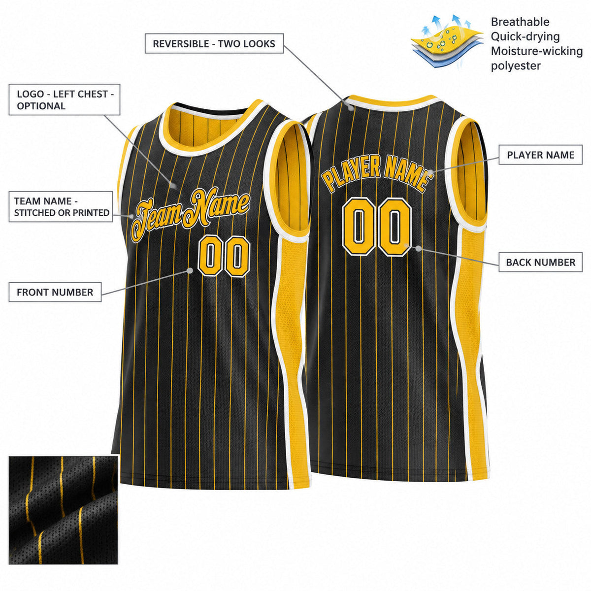 Custom Black and Gold Side Panels Pinstripe Reversible Basketball Jersey Set with White Lettering Design 0919 customization guide