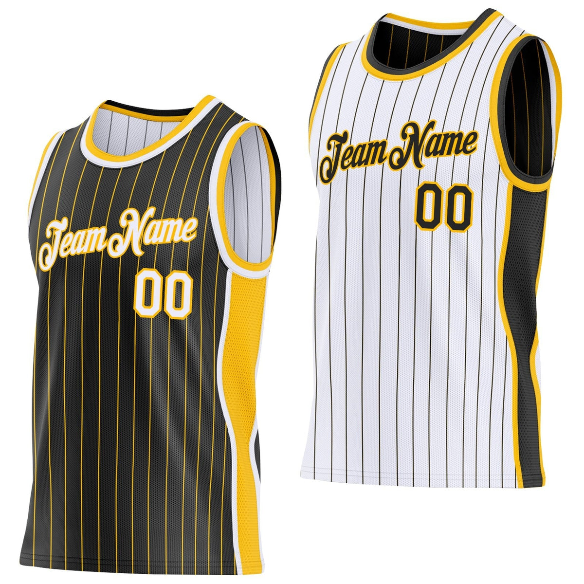 Custom Black Gold Pinstripe-White Side Panels Reversible Double Side Sublimation Basketball Set Jersey
