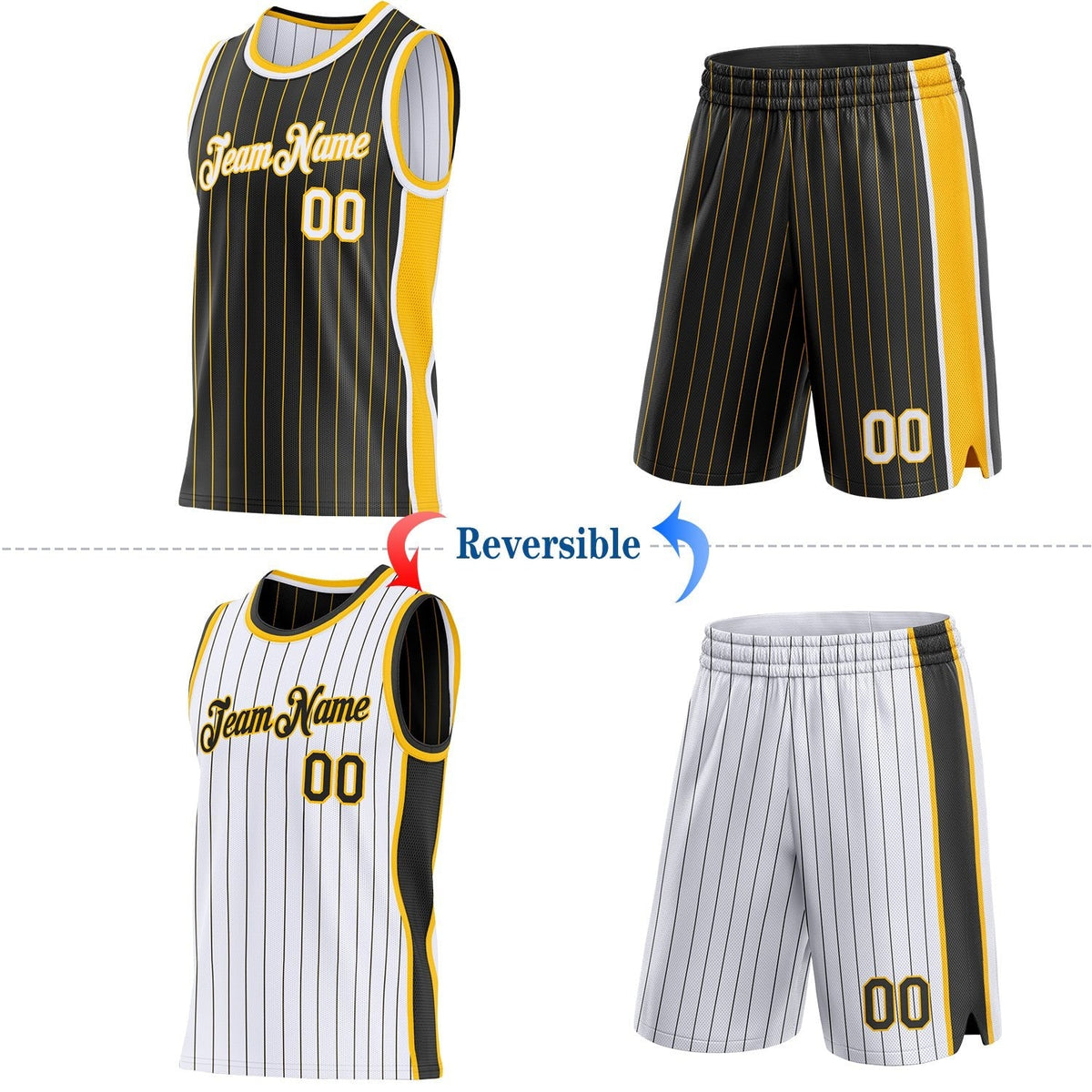 Custom Black Gold Pinstripe-White Side Panels Reversible Double Side Sublimation Basketball Set Jersey photo 2