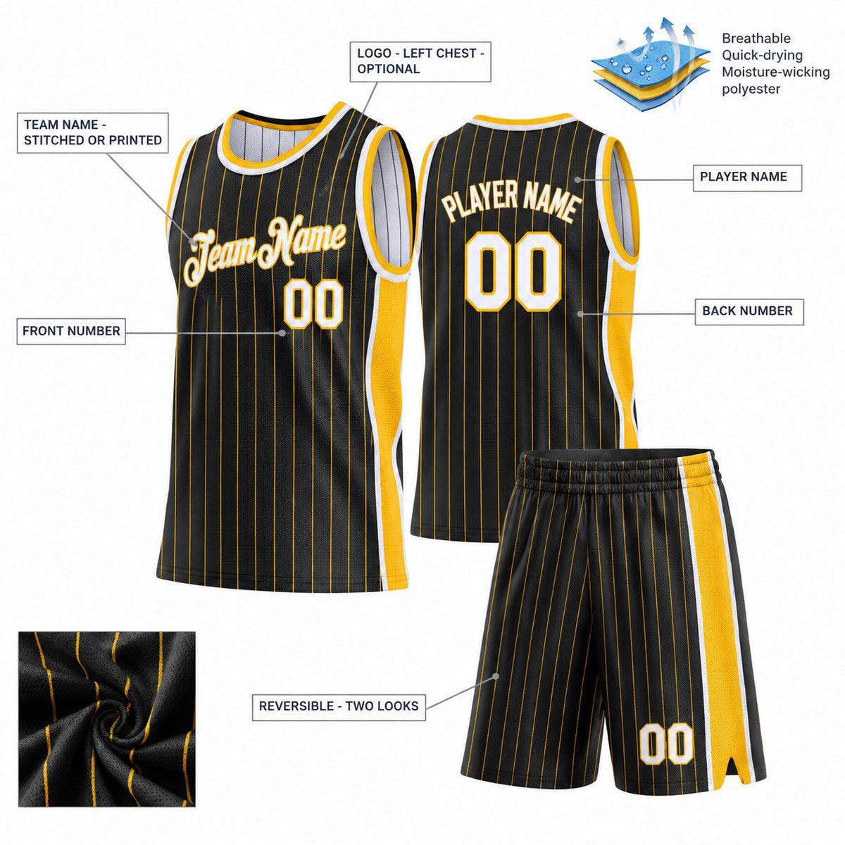 Custom Black and Gold Side Panels Pinstripe Reversible Basketball Jersey Set with White Lettering Design 0920 customization guide