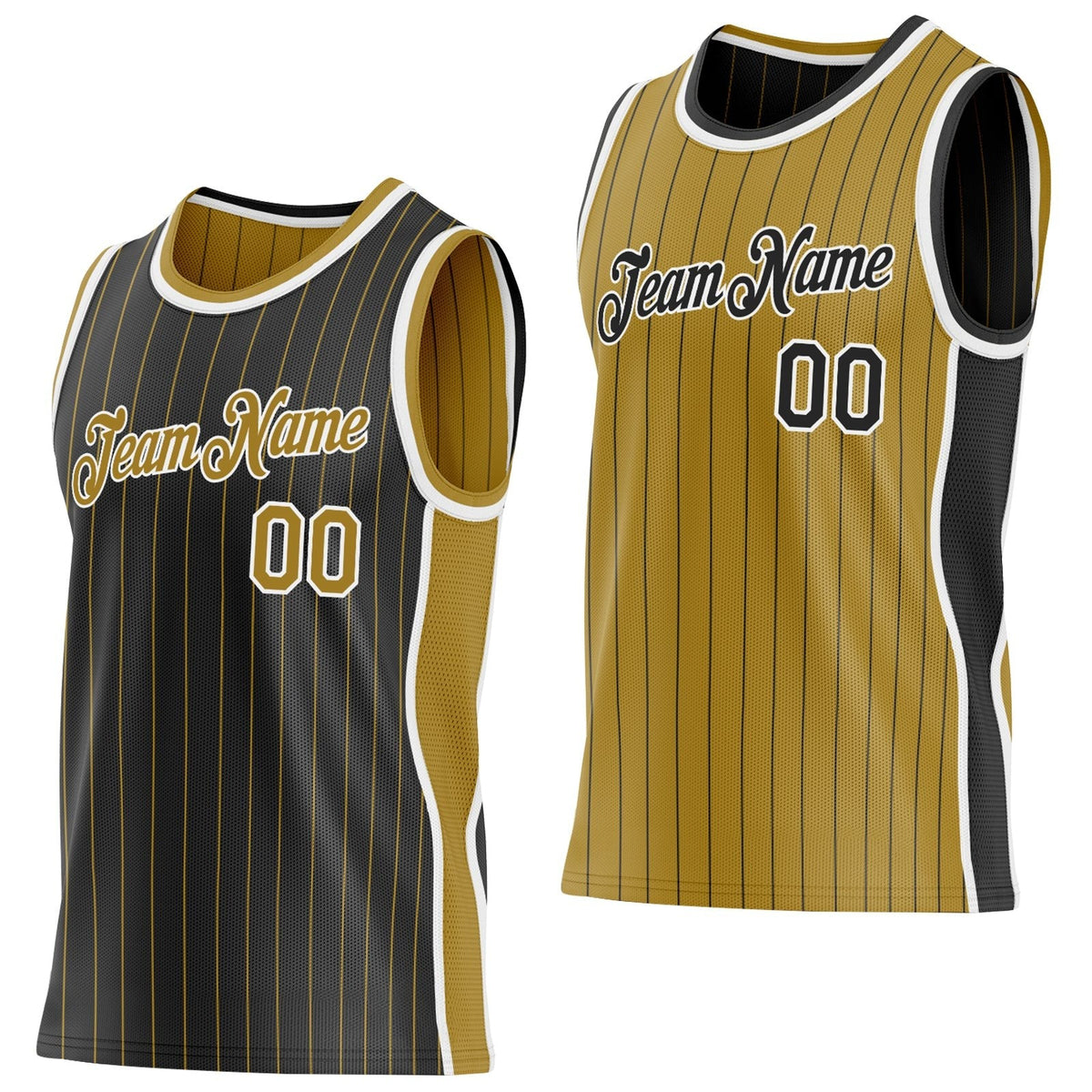 Custom Black Old Gold Pinstripe-White Side Panels Reversible Double Side Sublimation Basketball Set Jersey