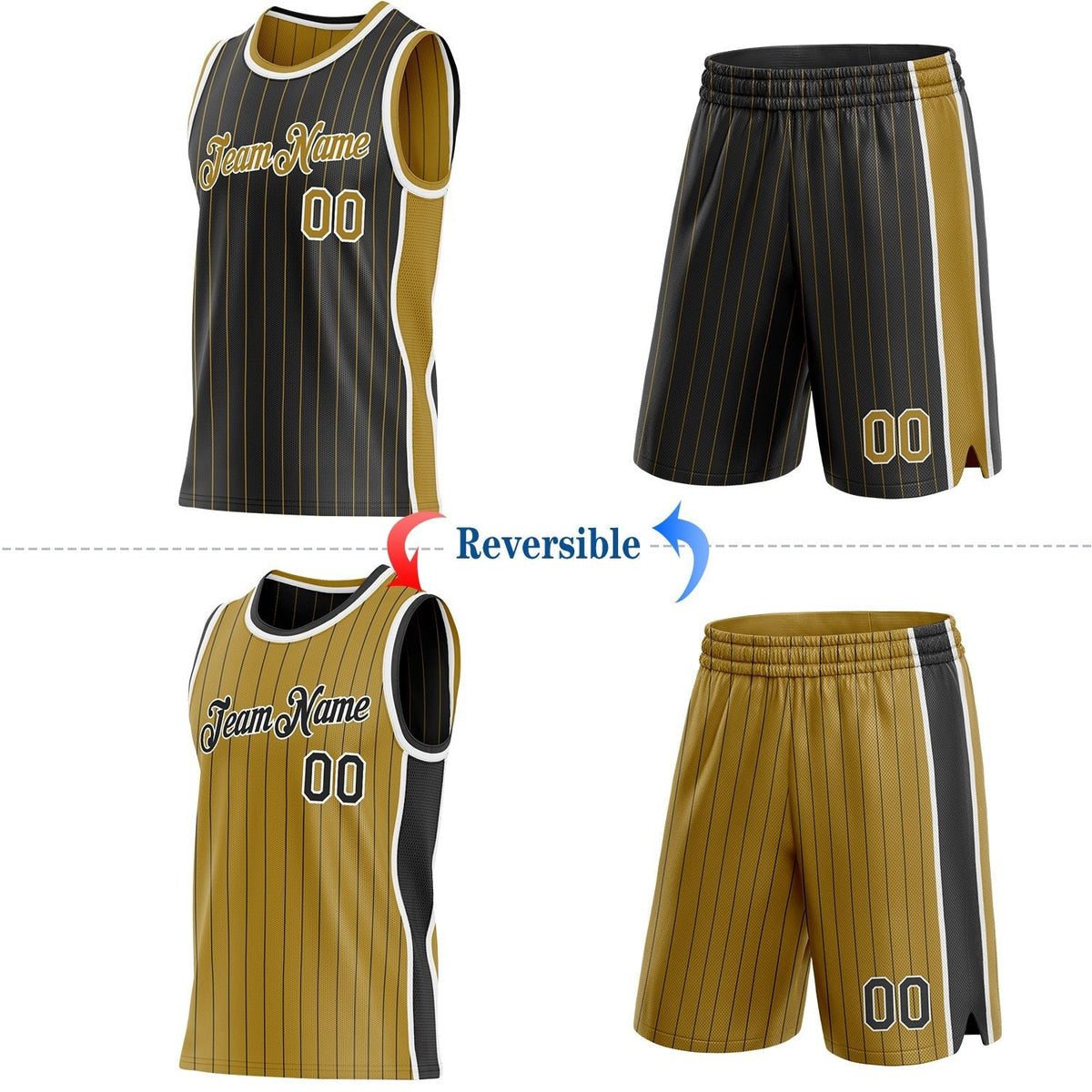 Custom Black Old Gold Pinstripe-White Side Panels Reversible Double Side Sublimation Basketball Set Jersey photo 2