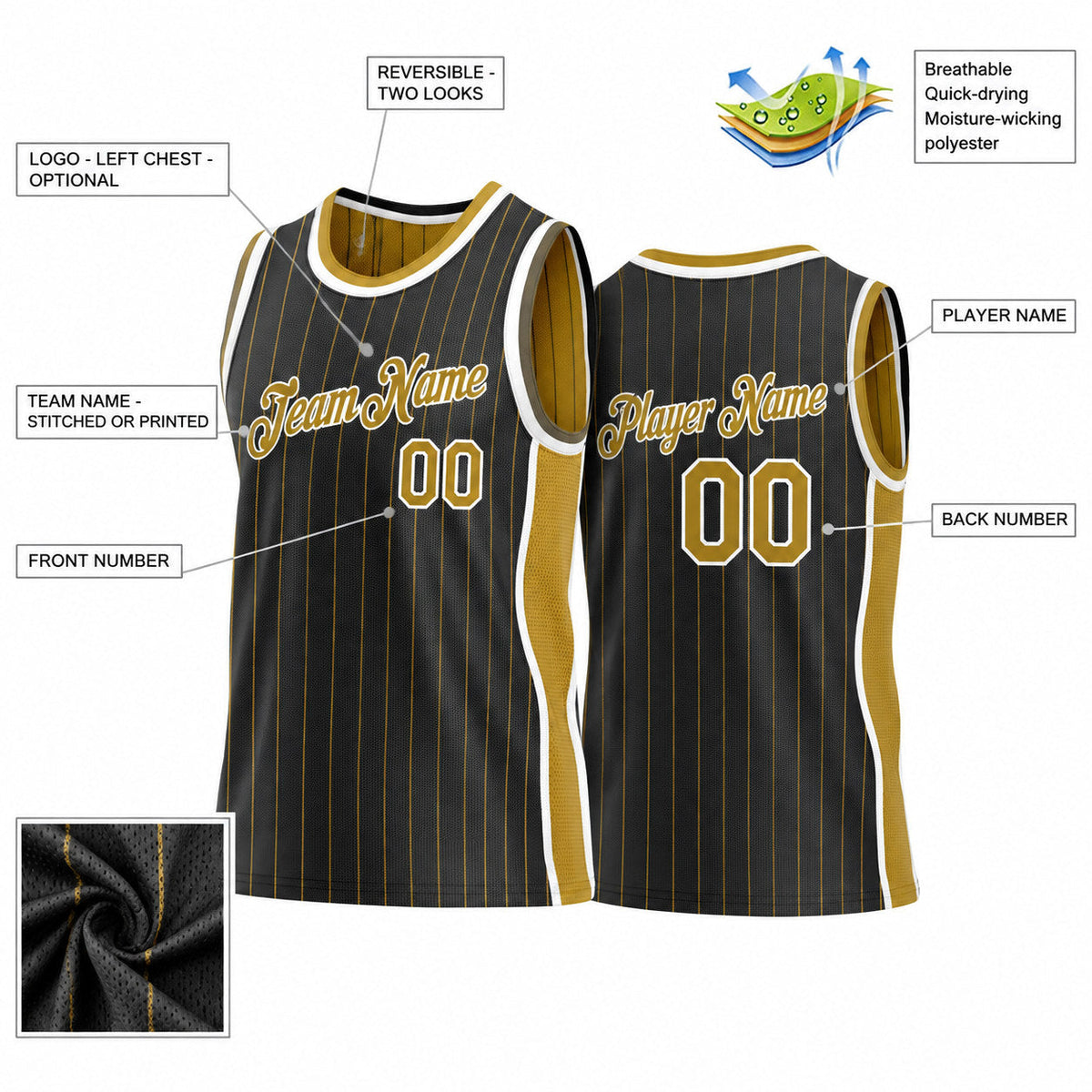 Custom Black and Old Gold Side Panels Basketball Jersey Set with White Lettering Design 0921 customization guide