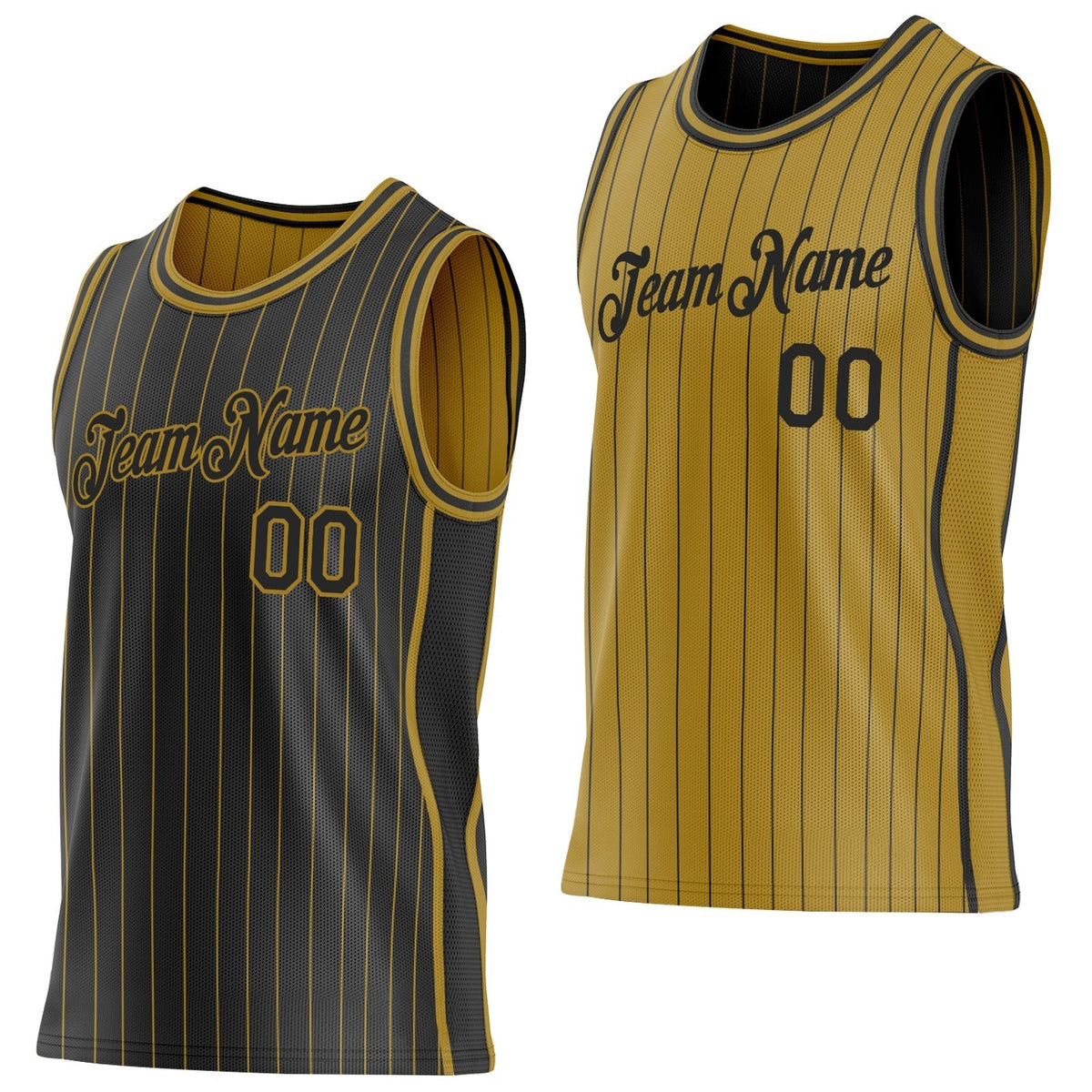 Custom Black Old Gold Pinstripe Side Panels Reversible Double Side Sublimation Basketball Set Jersey