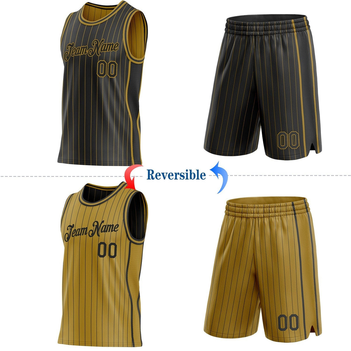 Custom Black Old Gold Pinstripe Side Panels Reversible Double Side Sublimation Basketball Set Jersey photo 2