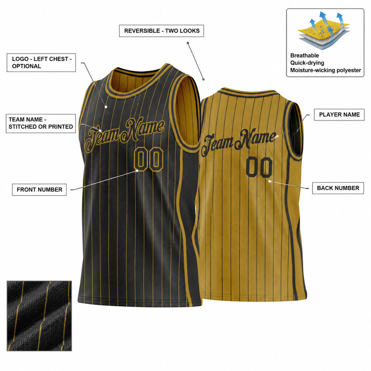 Custom Black Side Panels Pinstripe Reversible Basketball Jersey Set with Old Gold Lettering customization guide