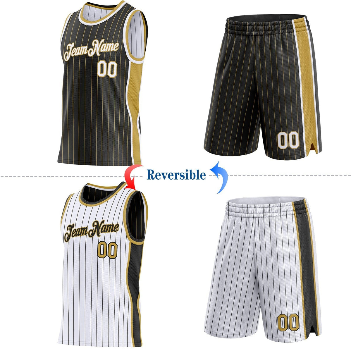 Custom Black Old Gold Pinstripe-White Side Panels Reversible Double Side Sublimation Basketball Set Jersey photo 2