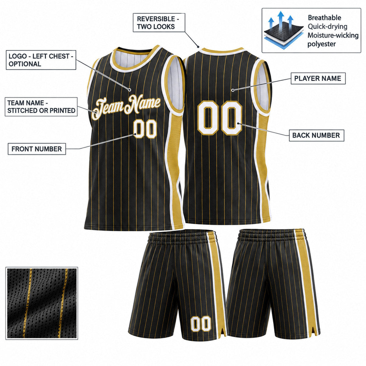 Custom Black and Old Gold Side Panels Basketball Jersey Set with White Lettering Design 0923 customization guide