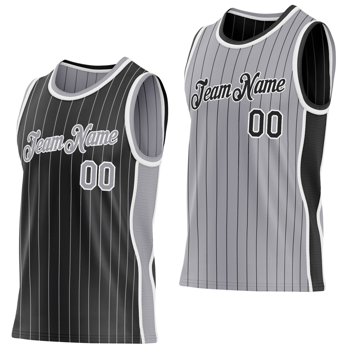 Custom Black Gray Pinstripe-White Side Panels Reversible Double Side Sublimation Basketball Set Jersey