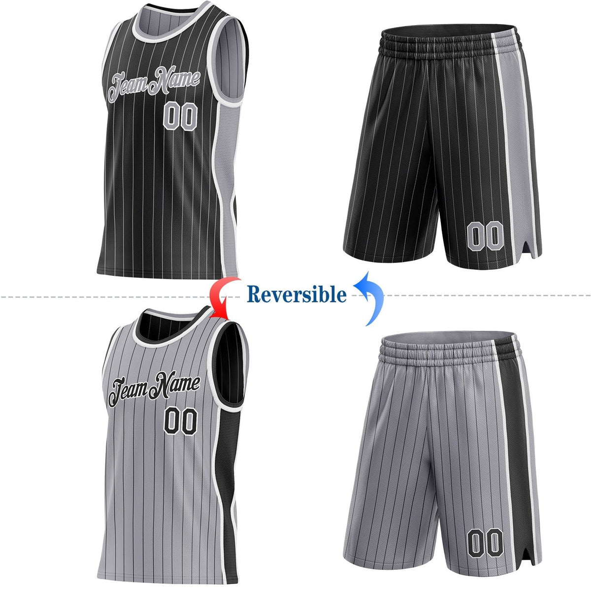 Custom Black Gray Pinstripe-White Side Panels Reversible Double Side Sublimation Basketball Set Jersey photo 2