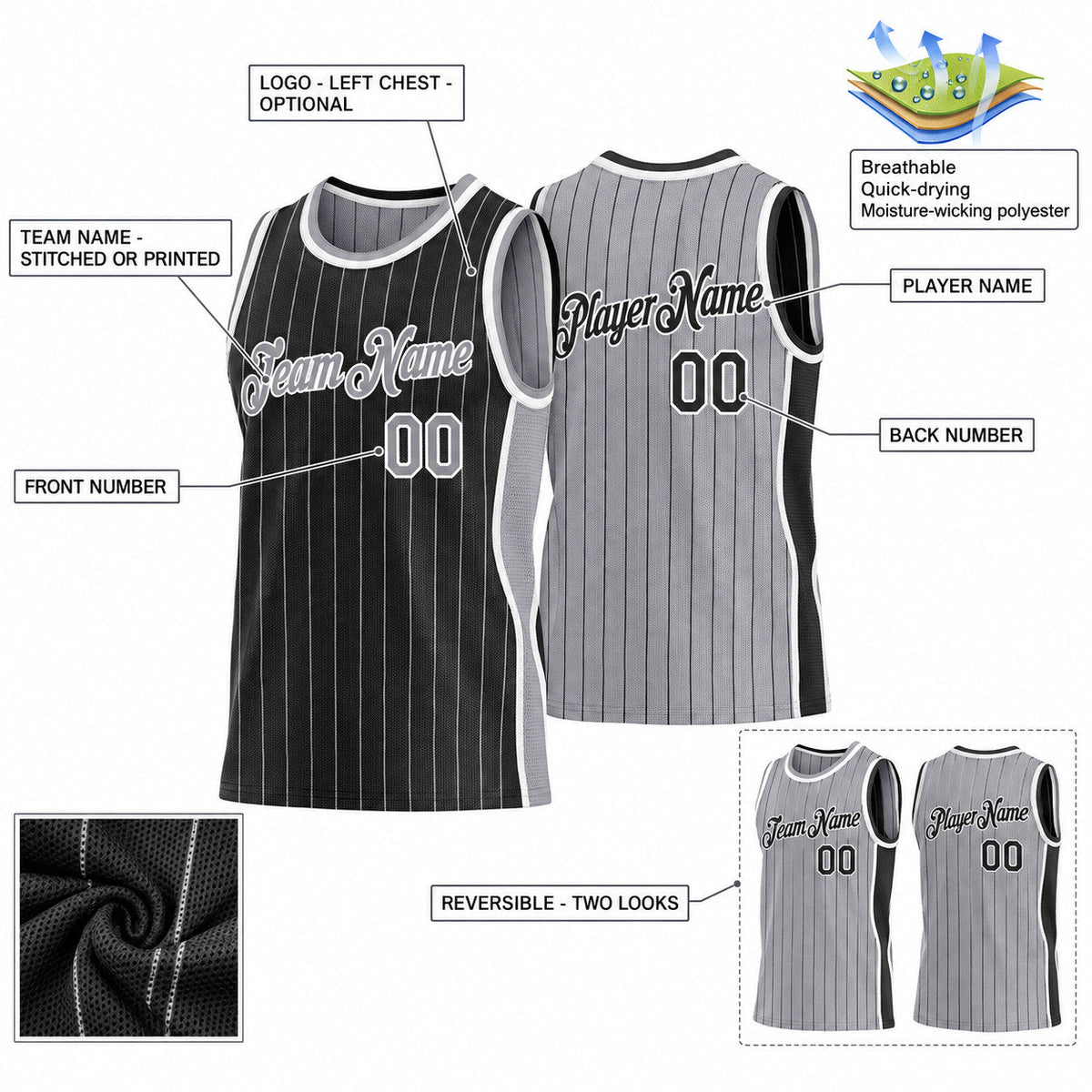 Custom Black and Gray Side Panels Pinstripe Reversible Basketball Jersey Set with White Lettering Design 0924 customization guide