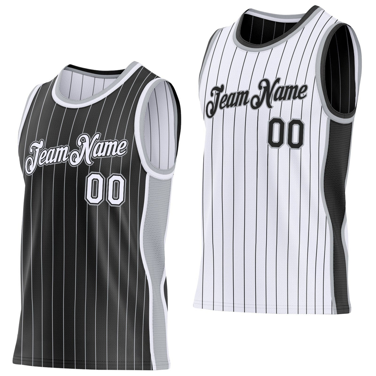 Custom Black Gray Pinstripe-White Side Panels Reversible Double Side Sublimation Basketball Set Jersey