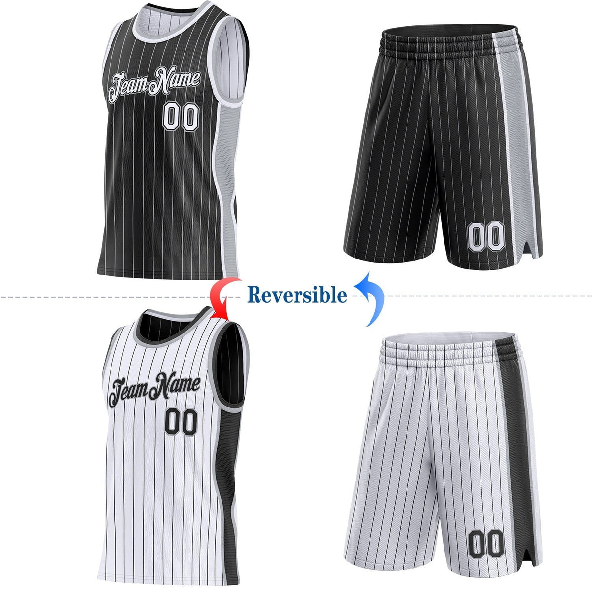 Custom Black Gray Pinstripe-White Side Panels Reversible Double Side Sublimation Basketball Set Jersey photo 2