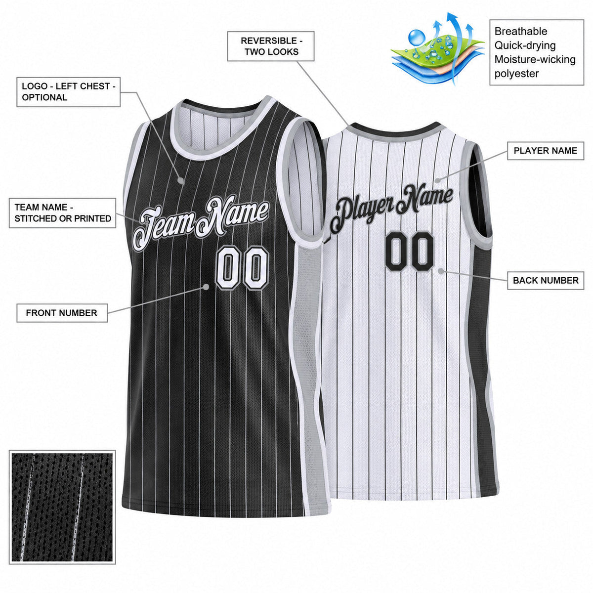 Custom Black and Gray Side Panels Pinstripe Reversible Basketball Jersey Set with White Lettering Design 0925 customization guide