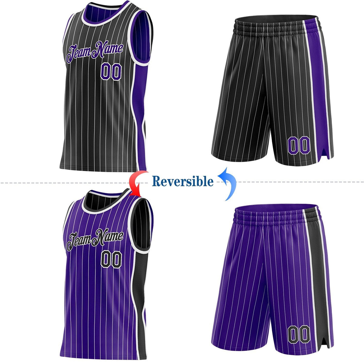 Custom Black White Pinstripe-Purple Side Panels Reversible Double Side Sublimation Basketball Set Jersey photo 2