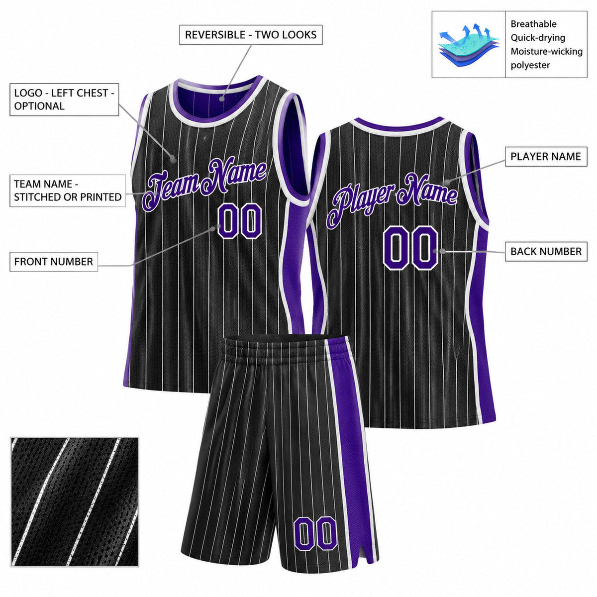 Custom Black and White Side Panels Pinstripe Reversible Basketball Jersey Set with Purple Lettering customization guide