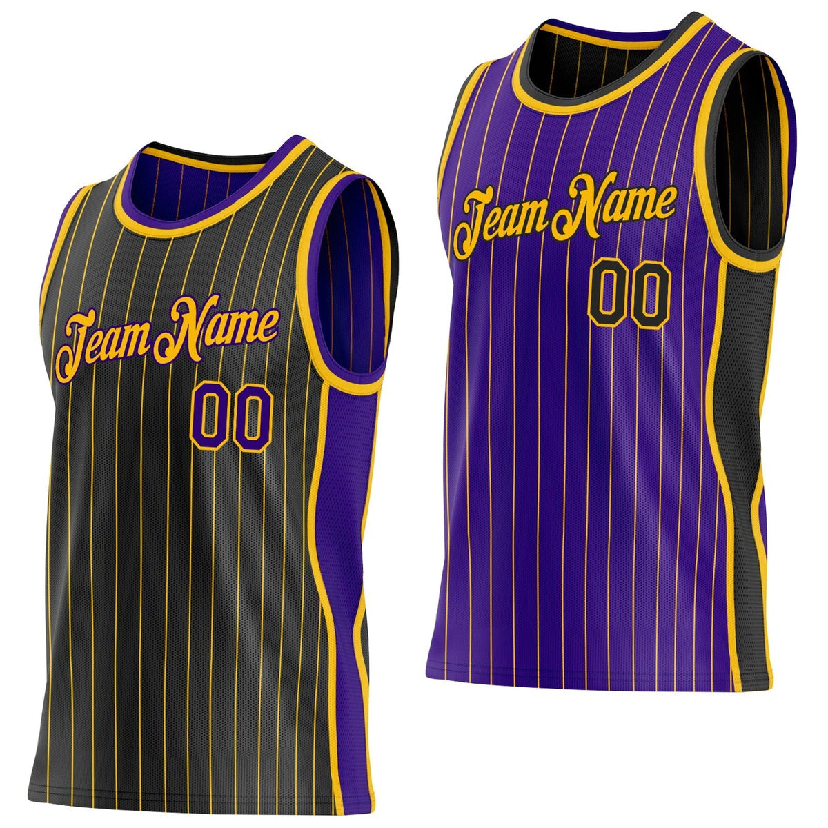 Custom Black Gold Pinstripe-Purple Side Panels Reversible Double Side Sublimation Basketball Set Jersey