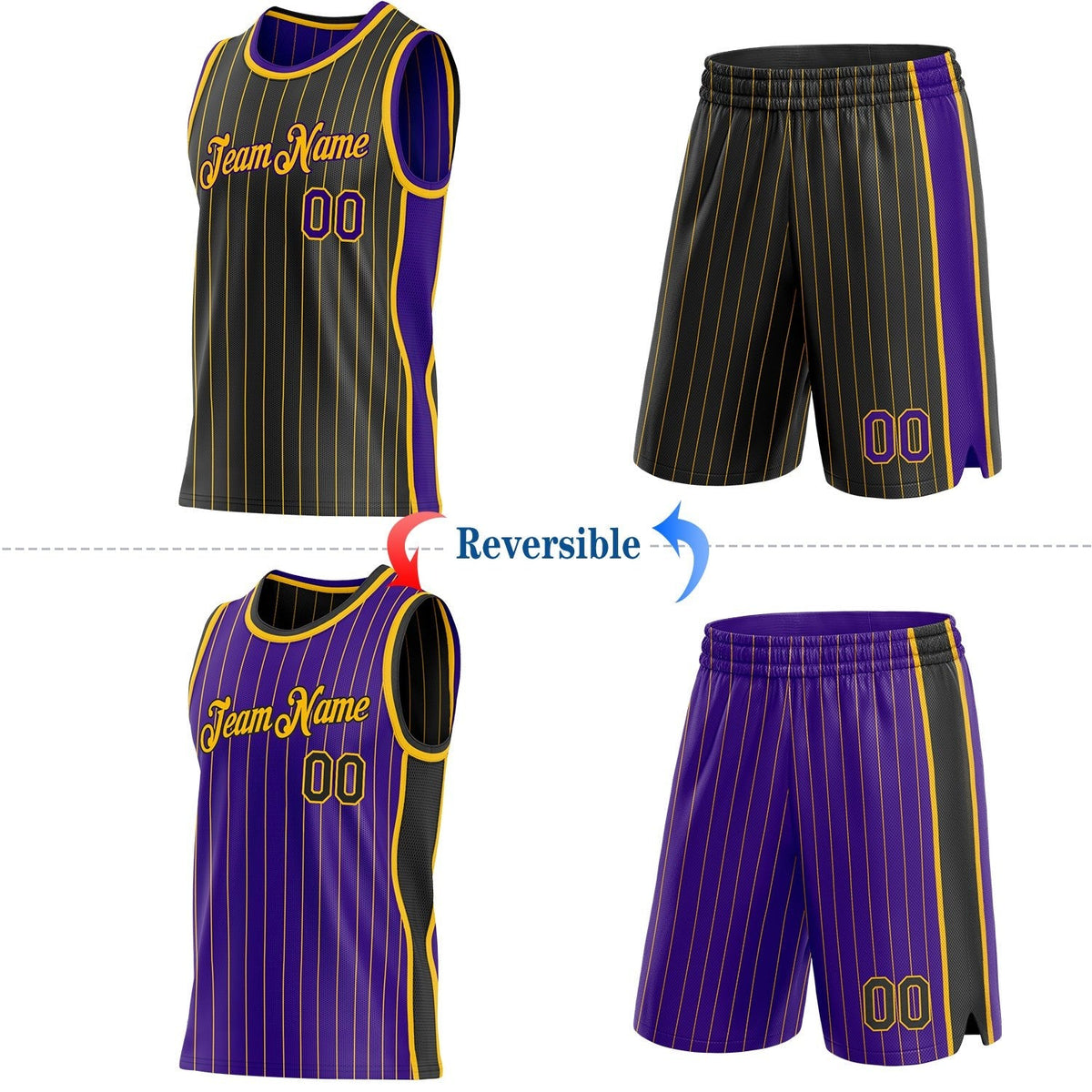 Custom Black Gold Pinstripe-Purple Side Panels Reversible Double Side Sublimation Basketball Set Jersey photo 2