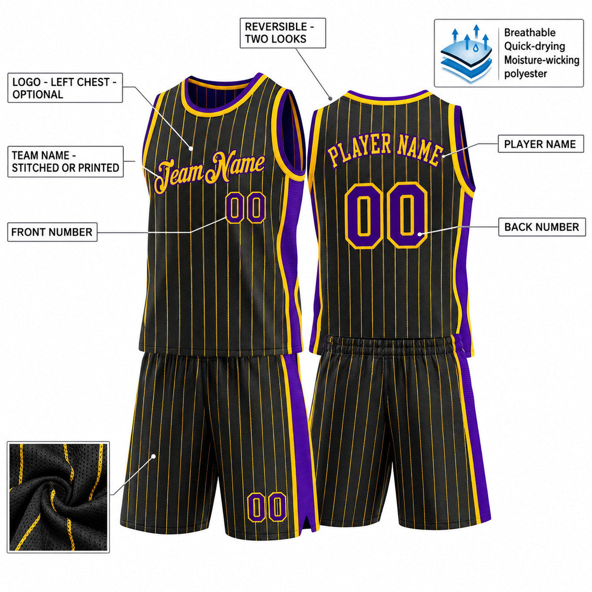Custom Black and Gold Side Panels Pinstripe Reversible Basketball Jersey Set with Purple Lettering customization guide