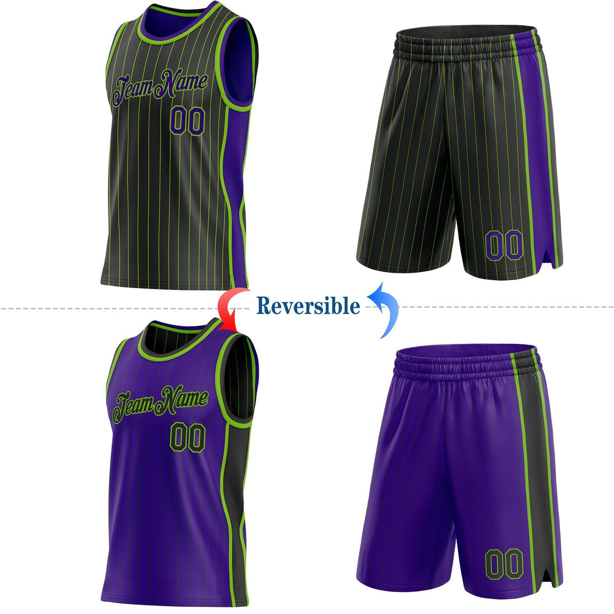 Custom Black Neon Green Pinstripe-Purple Side Panels Reversible Double Side Sublimation Basketball Set Jersey photo 2