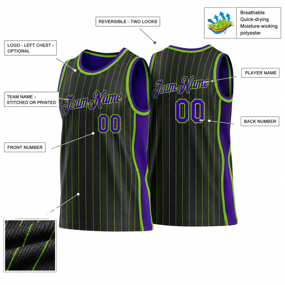 Custom Black and Neon Green Side Panels Basketball Jersey Set with Purple Lettering customization guide
