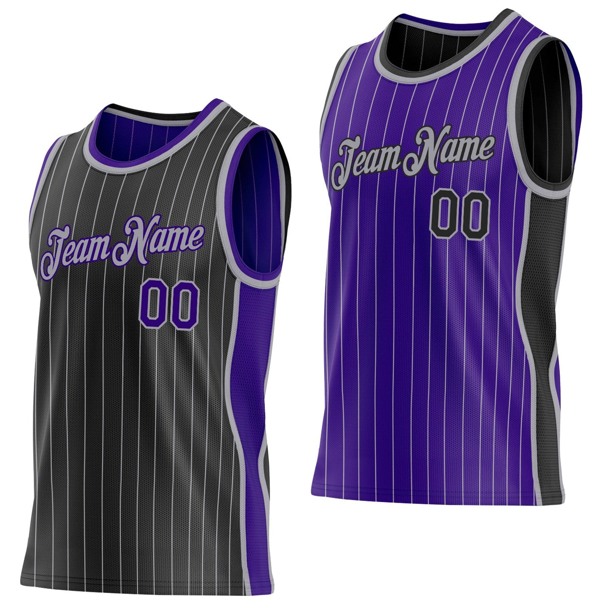 Custom Black Gray Pinstripe-Purple Side Panels Reversible Double Side Sublimation Basketball Set Jersey