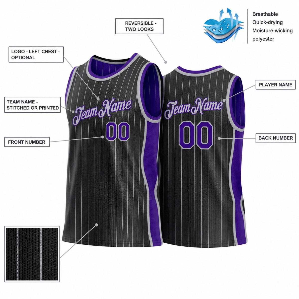 Custom Black and Gray Side Panels Pinstripe Reversible Basketball Jersey Set with Purple Lettering customization guide