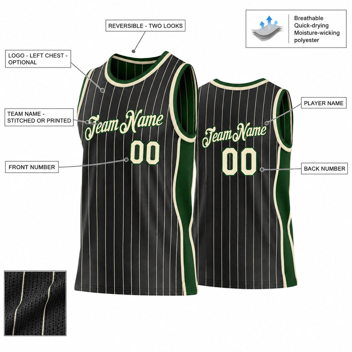 Custom Black and Cream Side Panels Pinstripe Reversible Basketball Jersey Set with Green Lettering customization guide