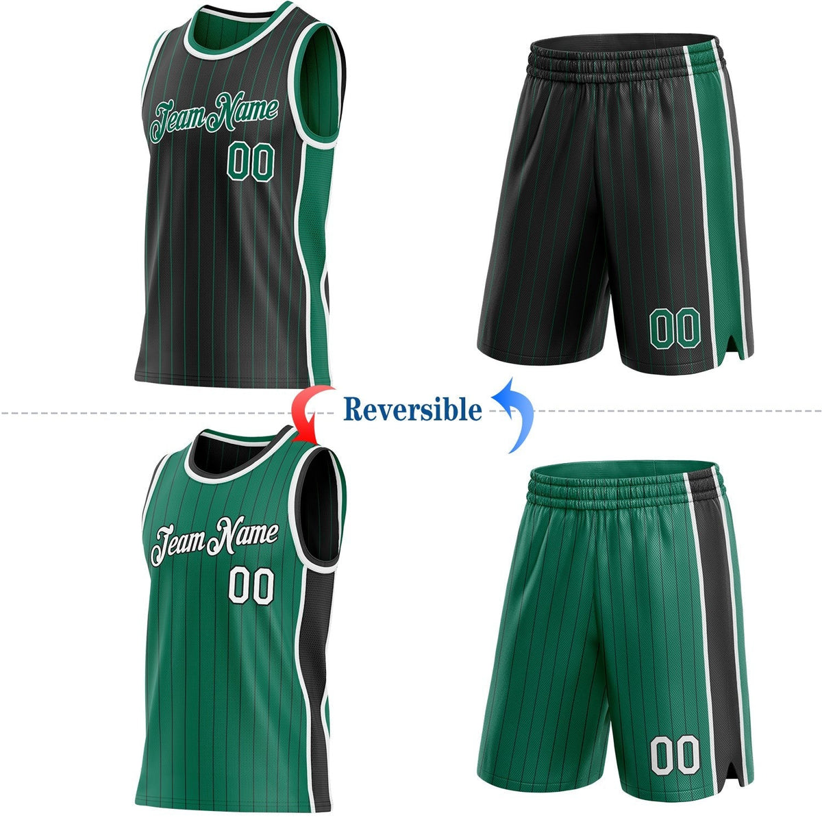 Custom Black Kelly Green Pinstripe-White Side Panels Reversible Double Side Sublimation Basketball Set Jersey photo 2