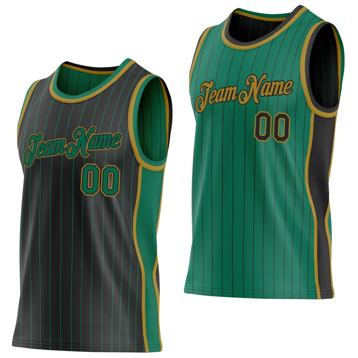 Custom Black Kelly Green Pinstripe-Old Gold Side Panels Reversible Double Side Sublimation Basketball Set Jersey