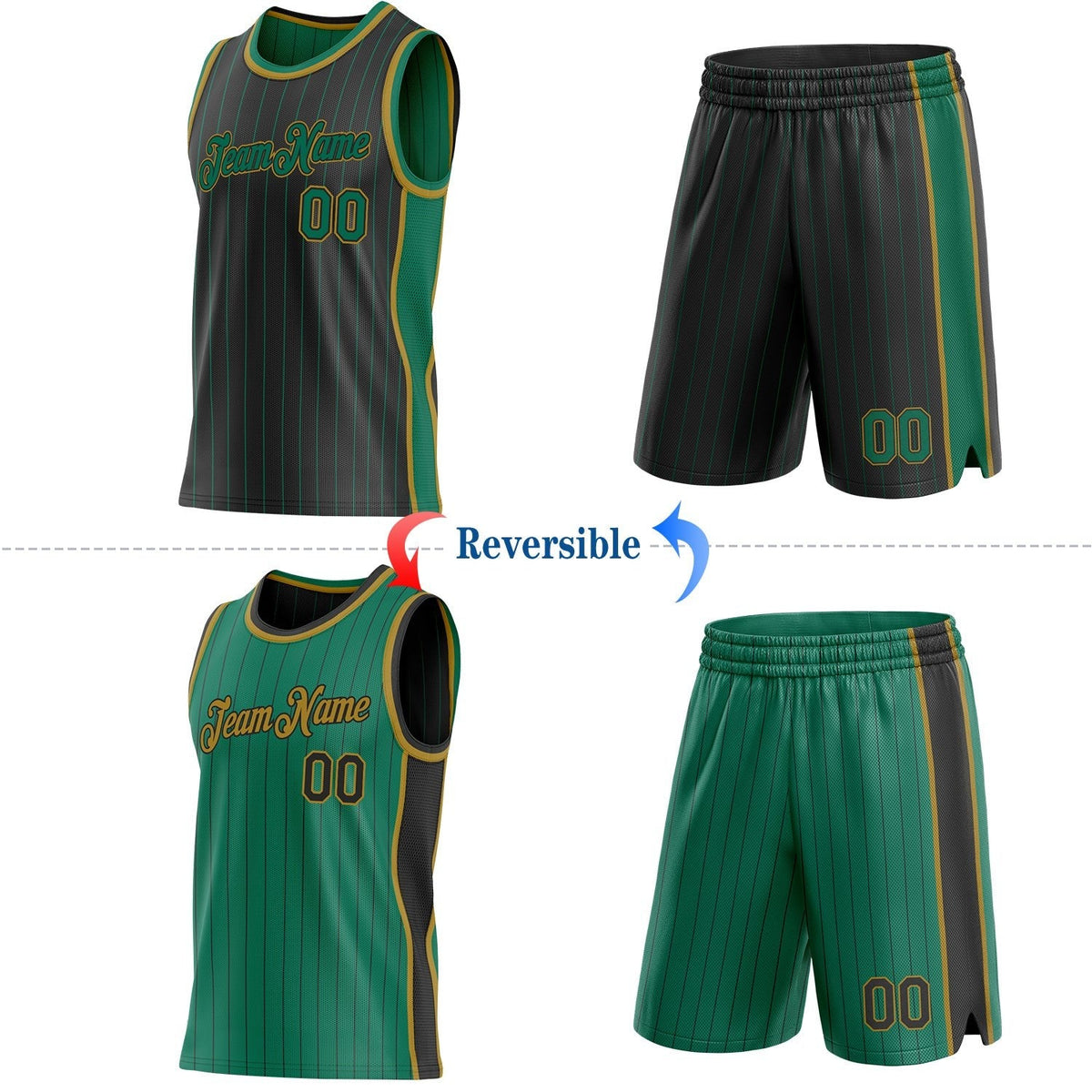 Custom Black Kelly Green Pinstripe-Old Gold Side Panels Reversible Double Side Sublimation Basketball Set Jersey photo 2