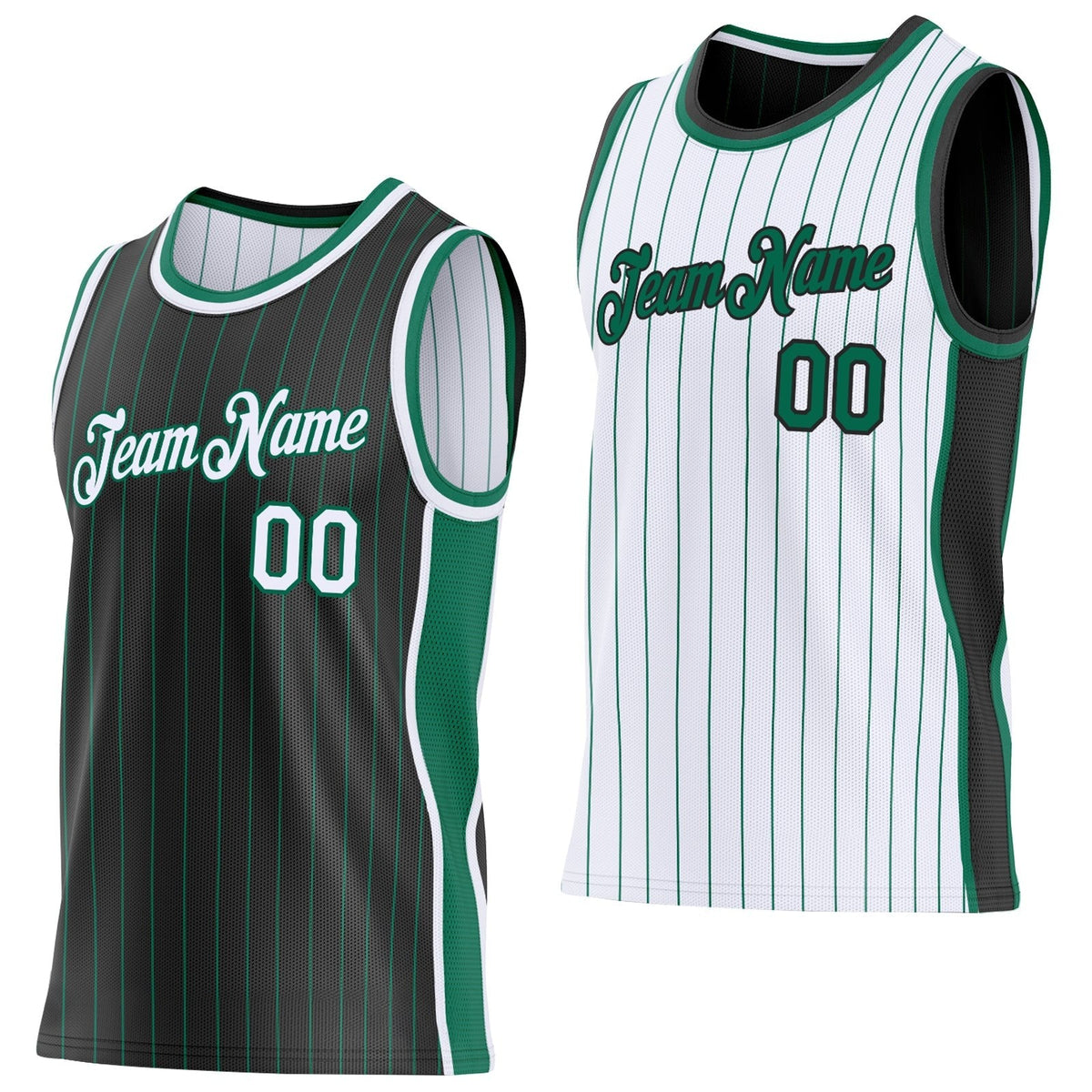 Custom Black Kelly Green Pinstripe-White Side Panels Reversible Double Side Sublimation Basketball Set Jersey