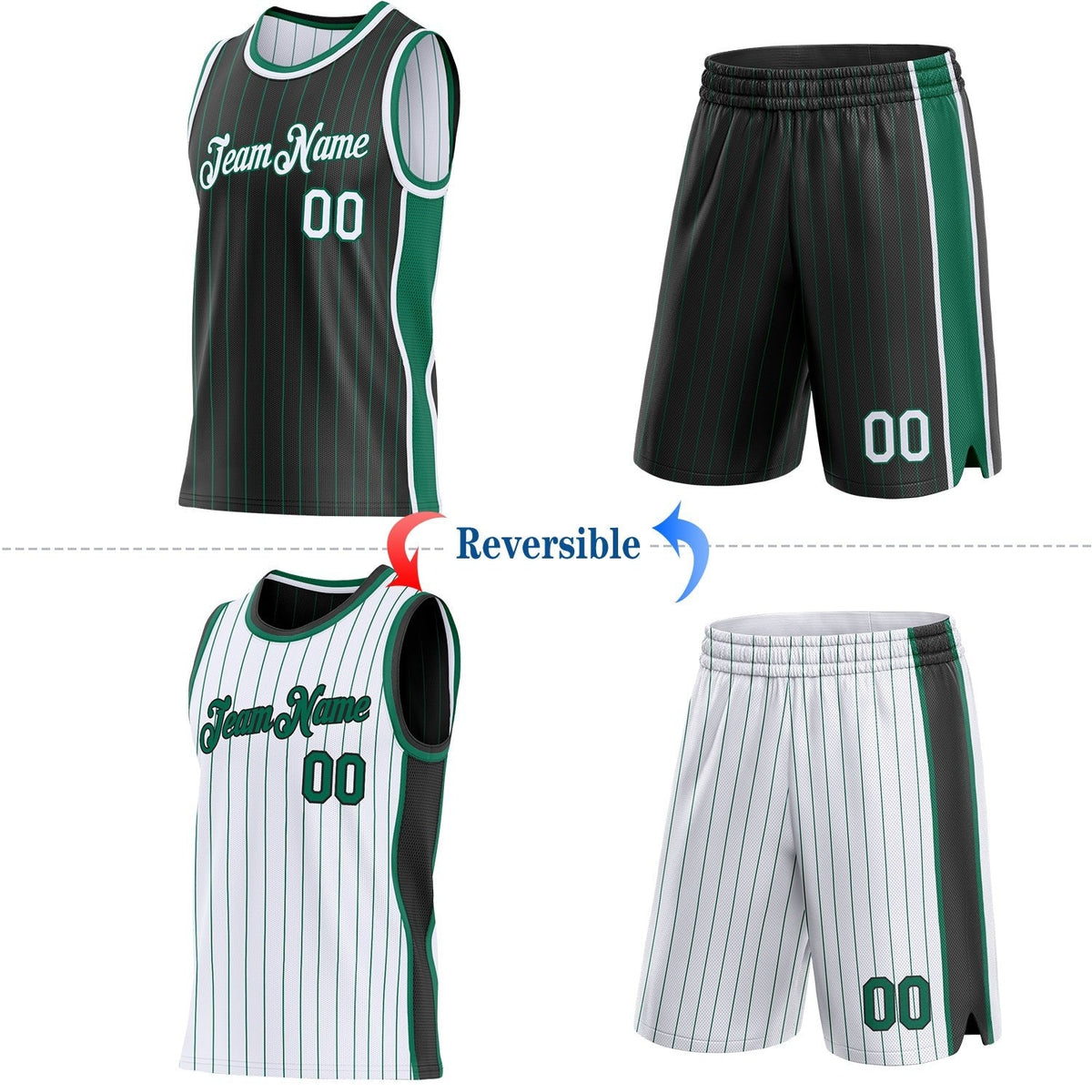 Custom Black Kelly Green Pinstripe-White Side Panels Reversible Double Side Sublimation Basketball Set Jersey photo 2