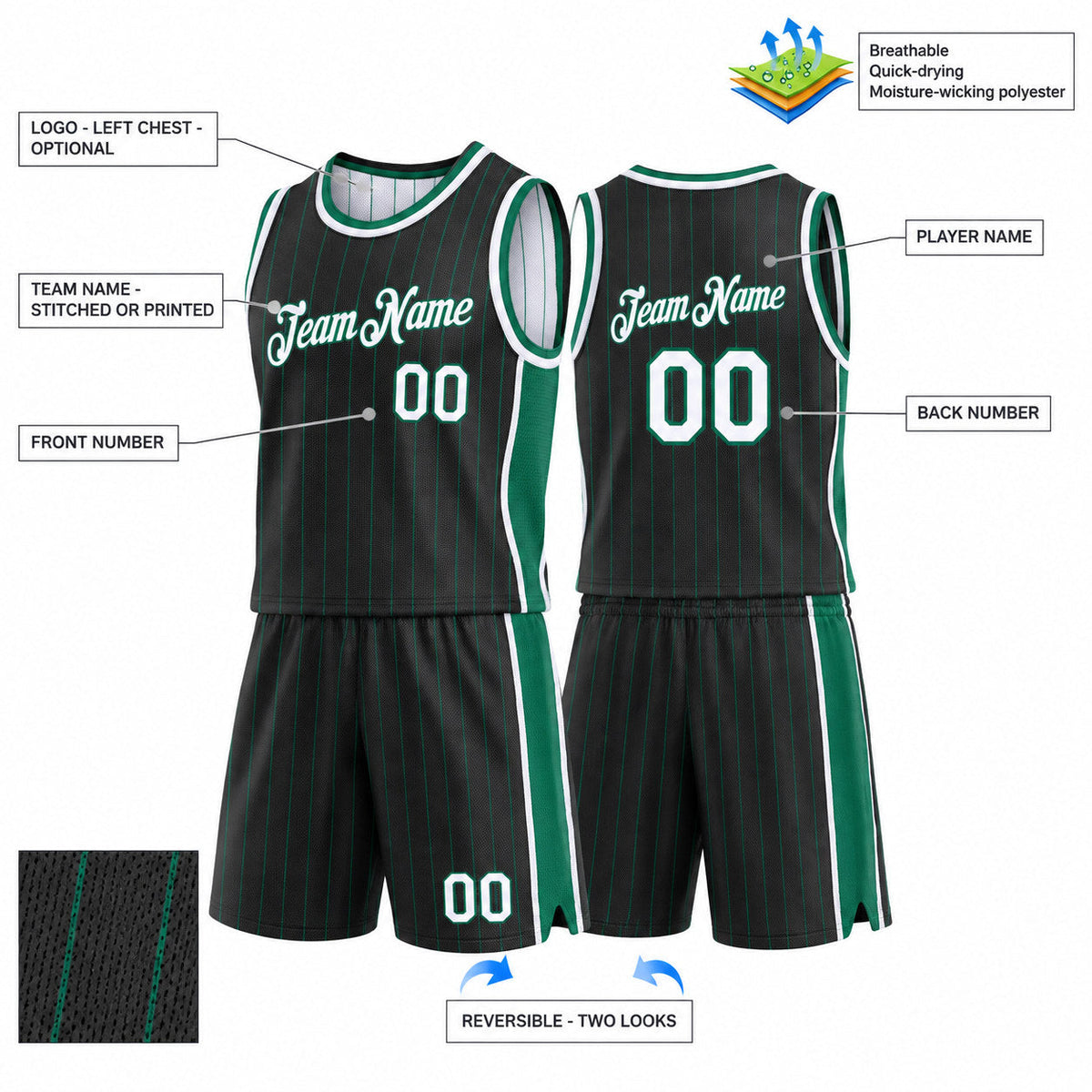 Custom Black and Kelly Green Side Panels Basketball Jersey Set with White Lettering Design 0933 customization guide